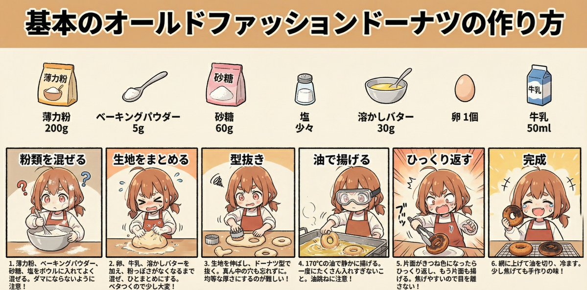 Comic / Storyboard - Infographic Generation for Old-Fashioned Donuts with Character Skill Variation — output 1