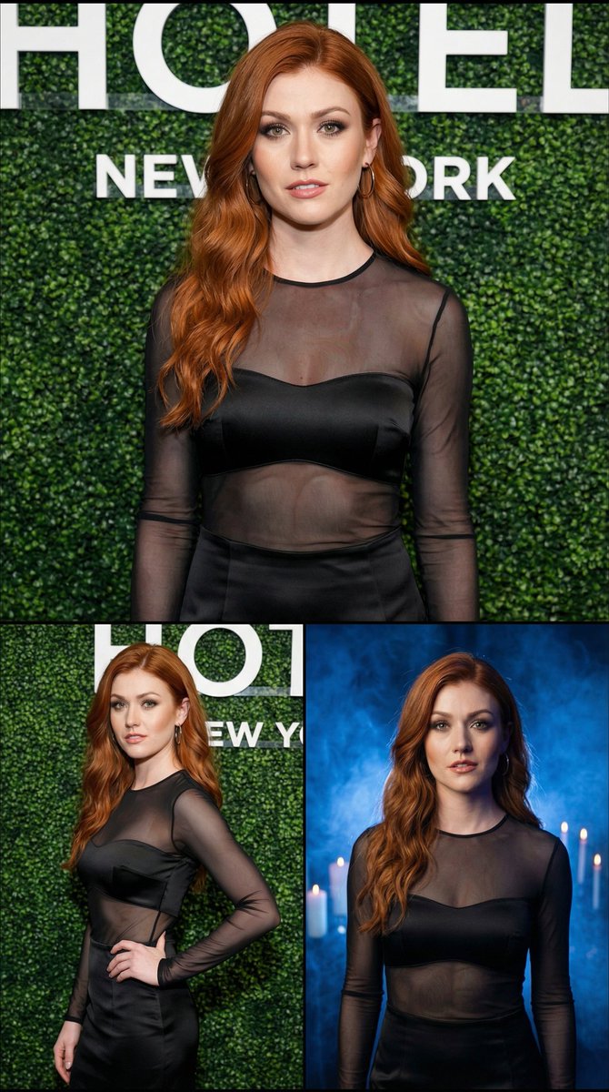 Photorealistic Vertical Collage of a Woman in Black Dress — output 1