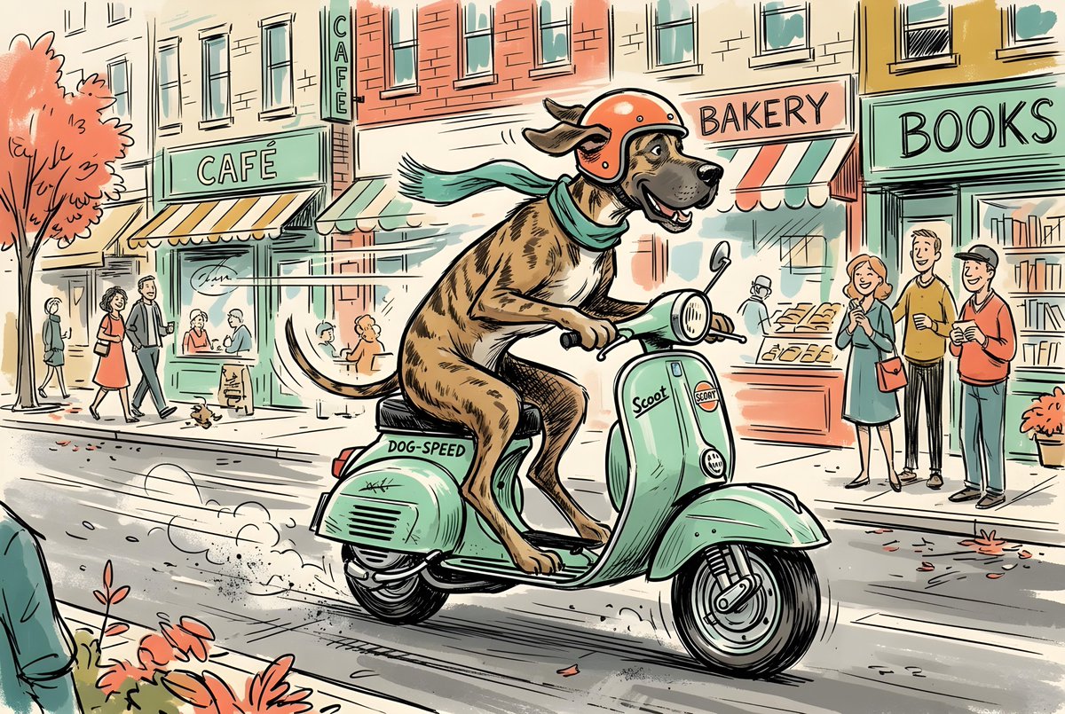 Comic / Storyboard - Sketchy Illustration of Dog on Scooter — output 1