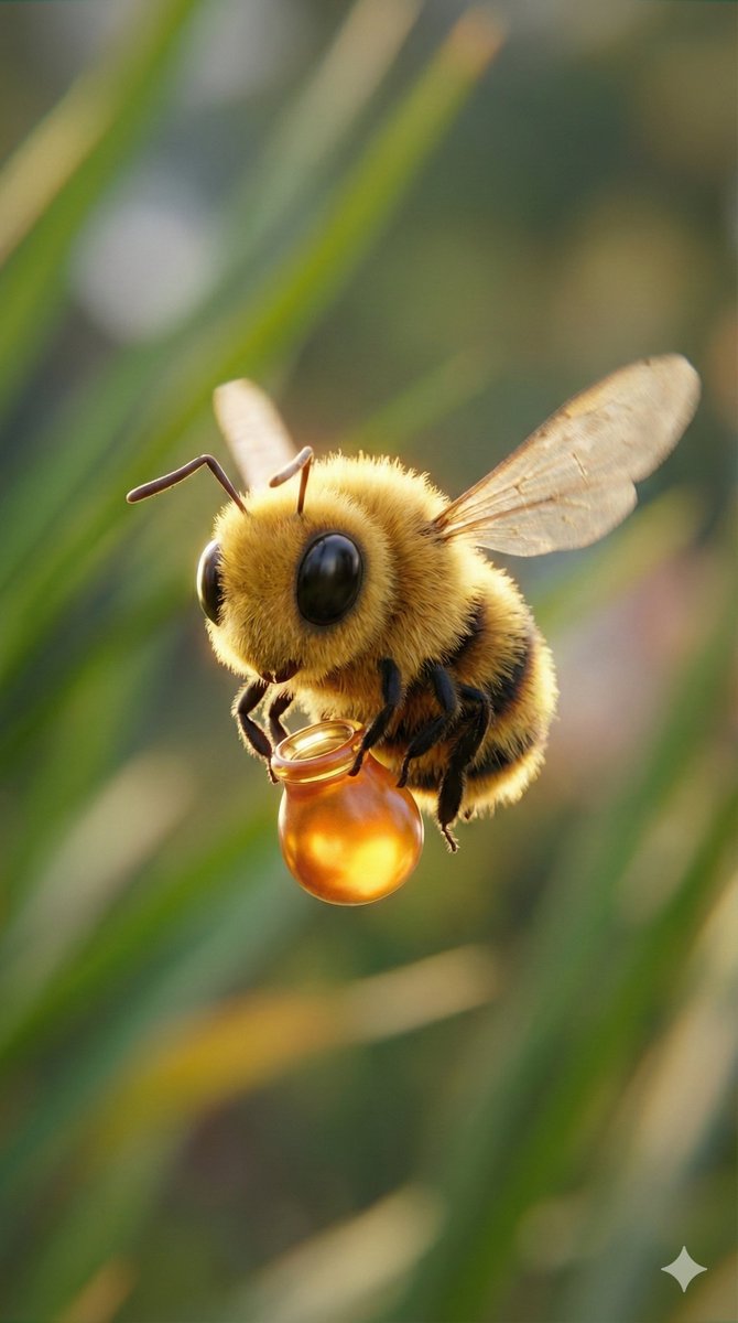 Game Asset - Macro Render of Fuzzy Bee Character with Honey Droplet — output 1