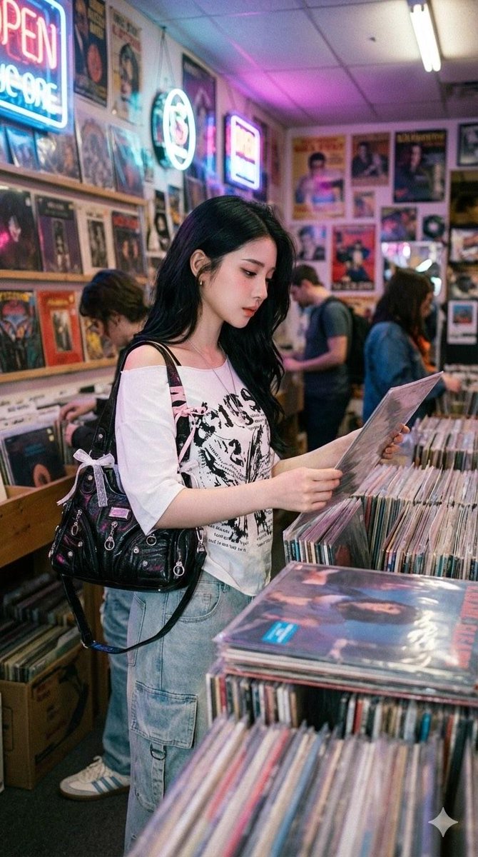 Y2K Coquette Streetwear in a Vintage Record Store — output 1