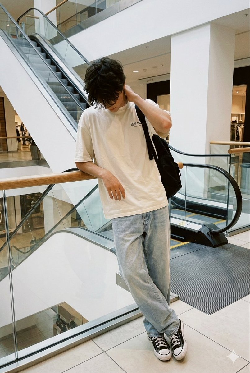 Profile / Avatar - Realistic candid smartphone photo of a subject standing by an escalator in a mall — output 1