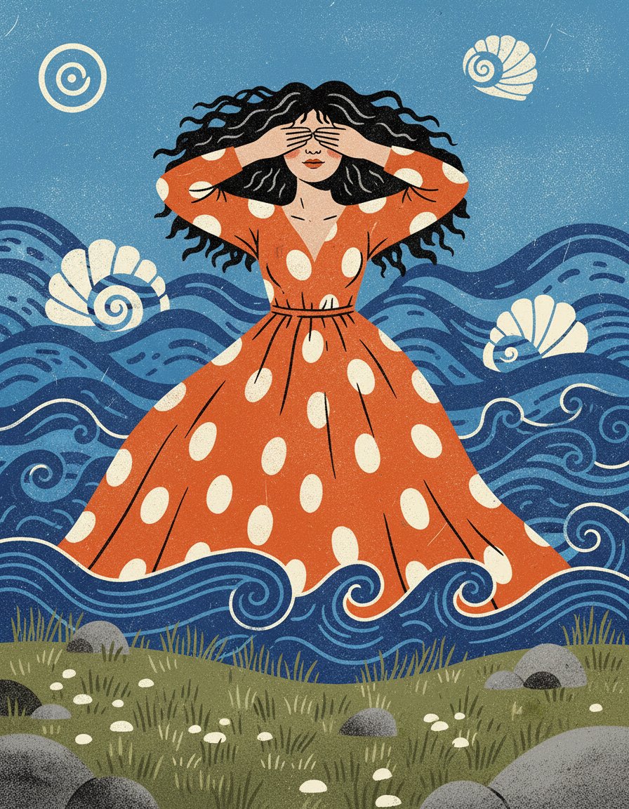 Stylized Screen Print Illustration of Woman in Sea — output 1