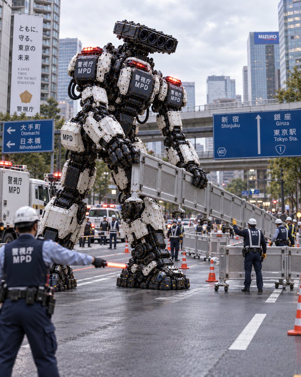 Game Asset - Giant Tokyo Police Robot Barricading Street — output 1