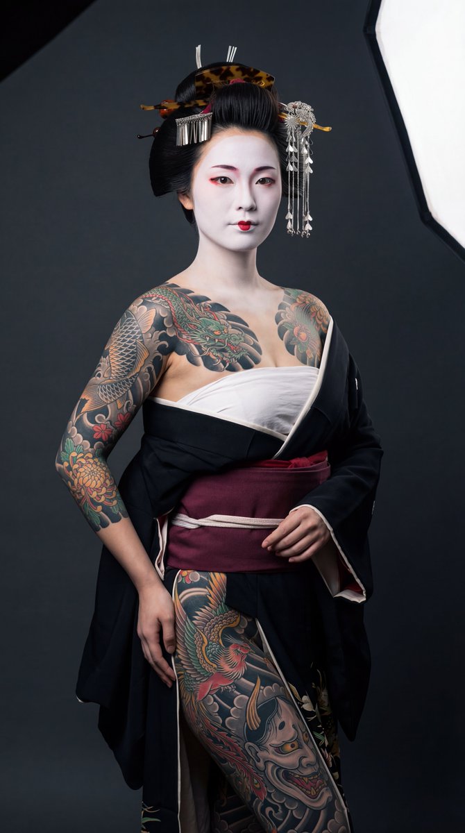 High-Contrast Geisha Irezumi Portrait Prompt — output 1
