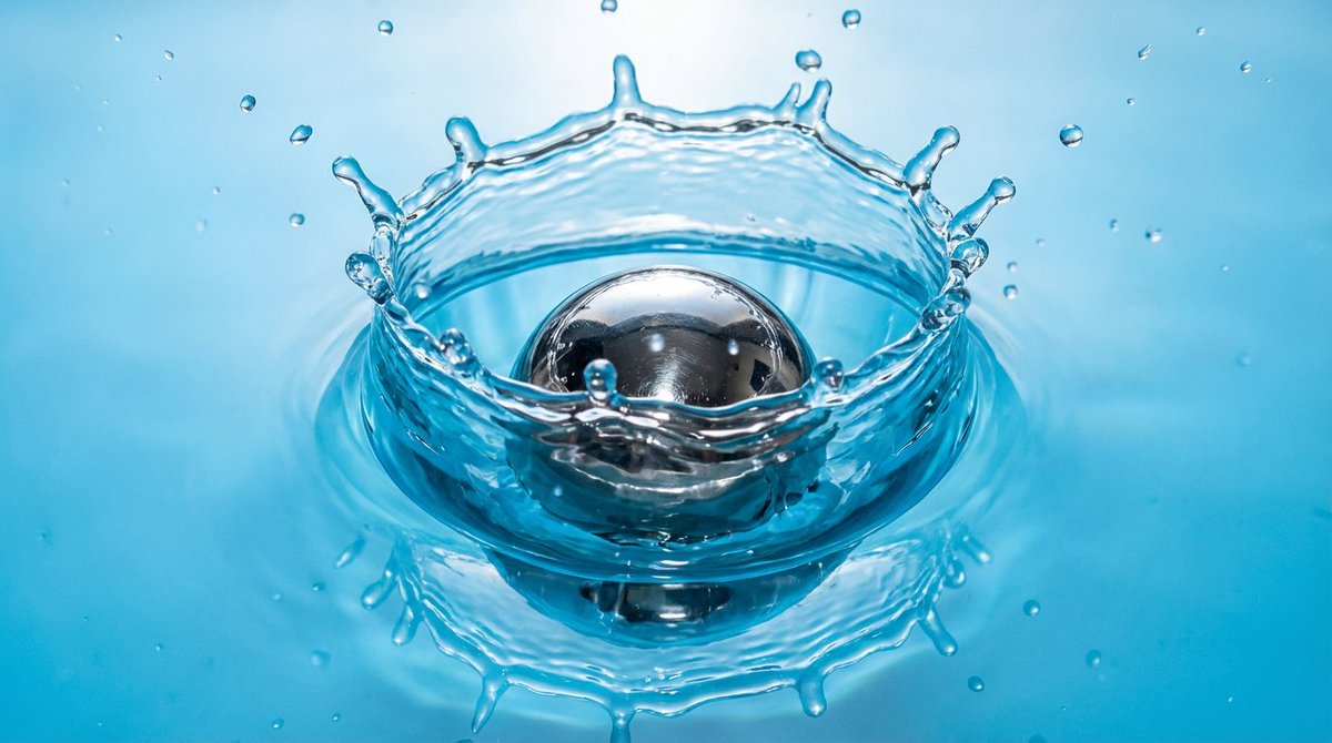 Metal ball splashing into water (slow-motion feel) — output 1
