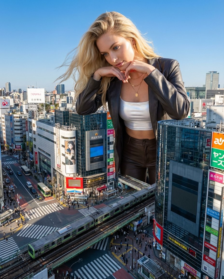 Surreal Giant Woman at Shibuya Crossing Prompt — output 1