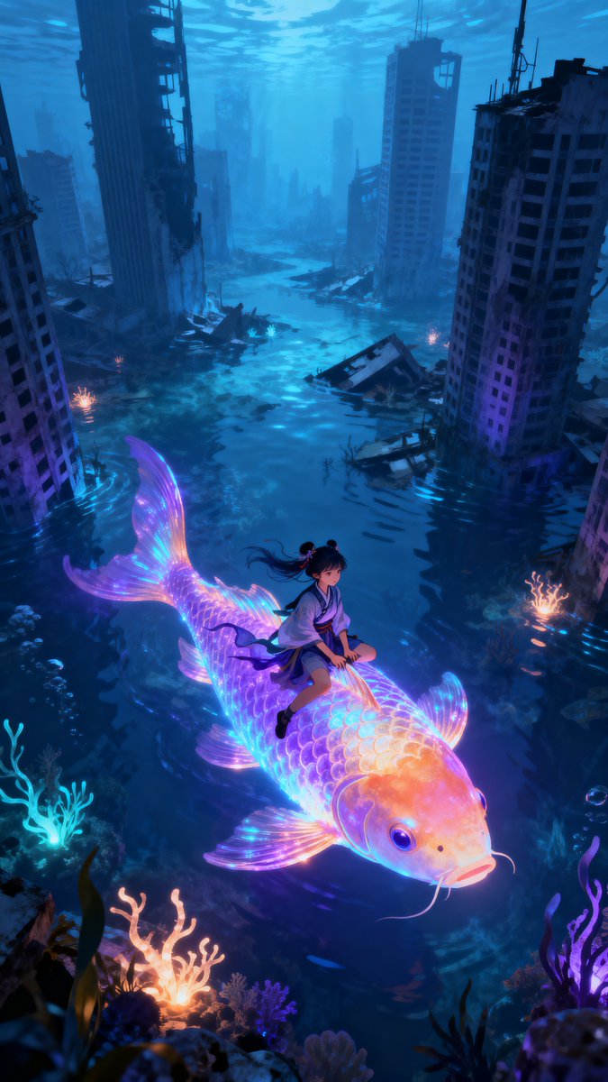 Chinese Style Girl Riding Bioluminescent Koi in Submerged City — output 1