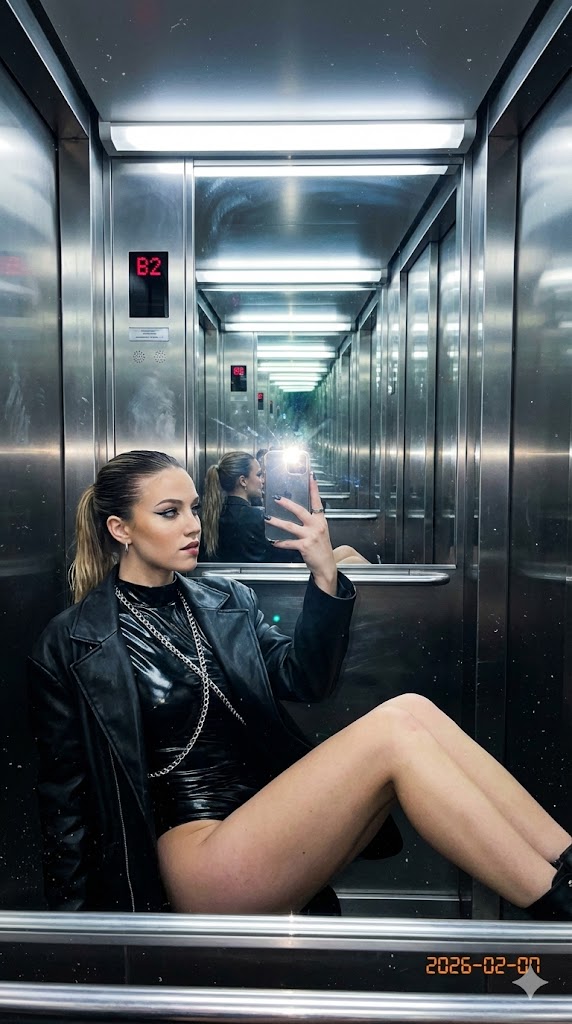 Profile / Avatar - Raw Flash Mirror Selfie in Mirrored Elevator — output 1