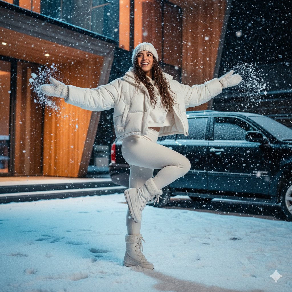 Cinematic Fashion Photo of a Woman Dancing in Heavy Snowfall — output 1