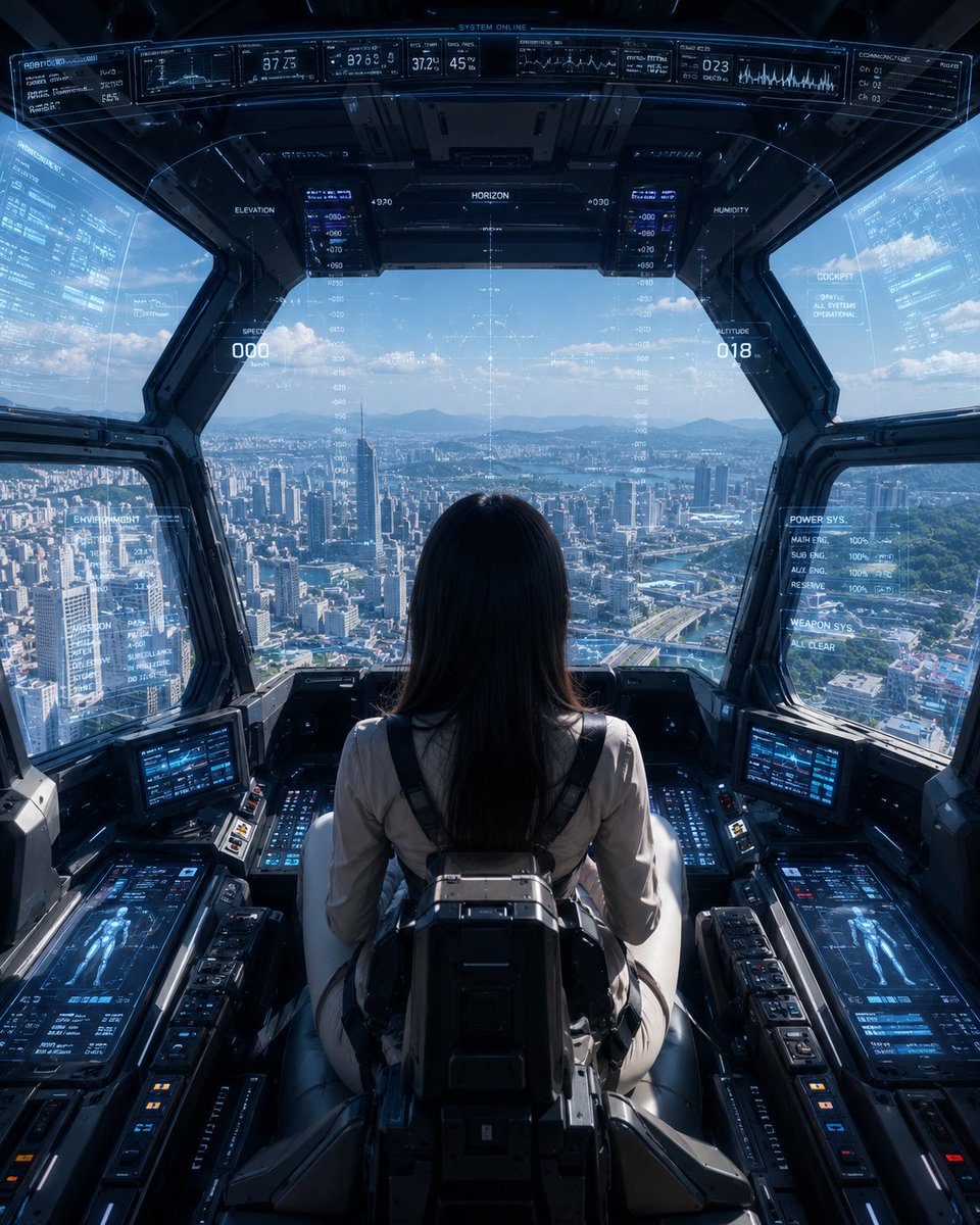 Comic / Storyboard - Mech Pilot Cockpit Over City — output 1