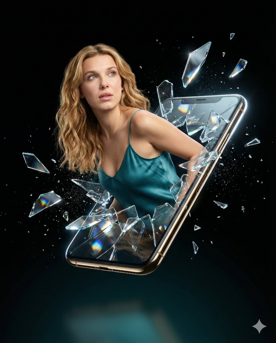 Product Marketing - Millie Bobby Brown Portrait with Exploding Glass Shards — output 1