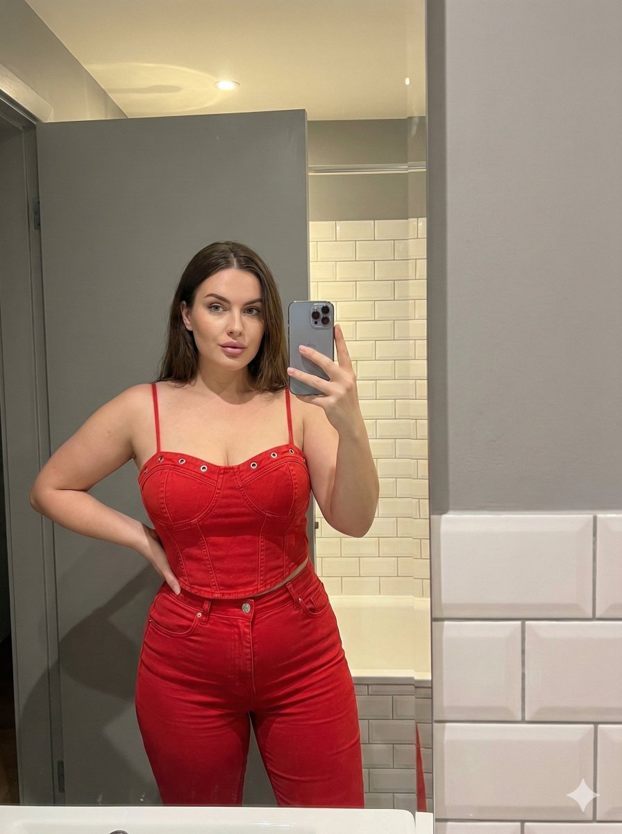 8K Mirror Selfie in Red Denim Corset and Jeans — output 1