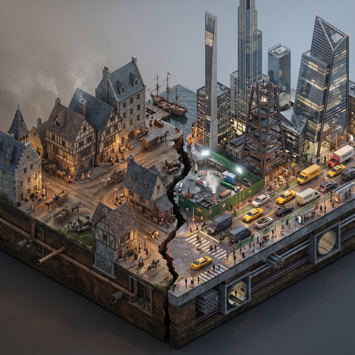 Infographic / Edu Visual - Split-Era Urban Diorama Generation Prompt for Nano Banana Pro — output 1