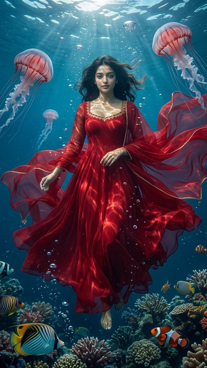 Social Media Post - Underwater Red Dress Fantasy Portrait — output 1