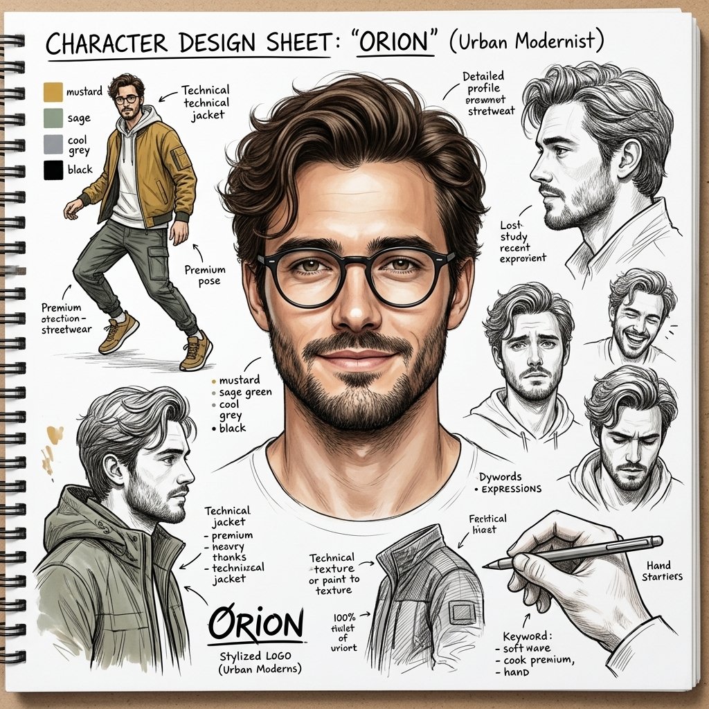 Game Asset - Cinematic Character Design Sketchbook Sheet — output 1