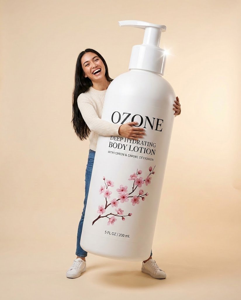 Studio Commercial Shot of Woman Hugging Giant Lotion Bottle — output 1