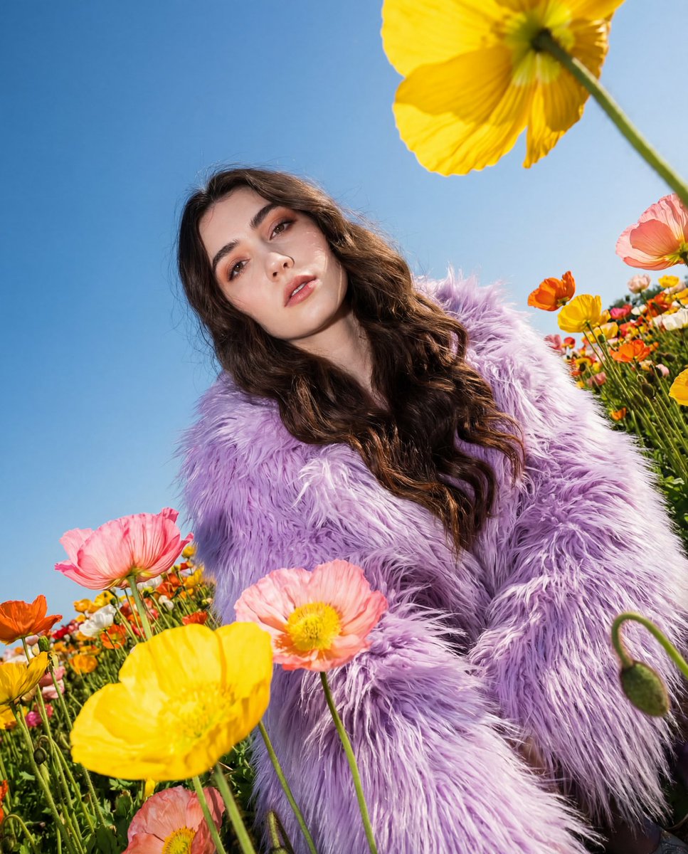 Harsh Flash Fashion Portrait in Flower Field Prompt — output 1