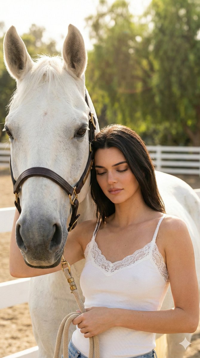 Fashion editorial of a woman embracing a white horse at golden hour — output 1