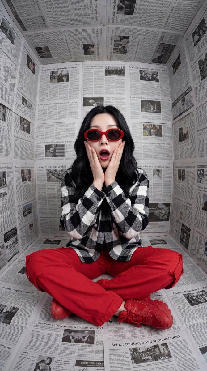 Surreal Editorial Fashion Portrait with Newspaper Background — output 1