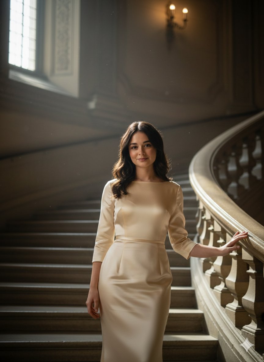Cinematic Luxury Editorial Portrait on a Stone Staircase — output 1