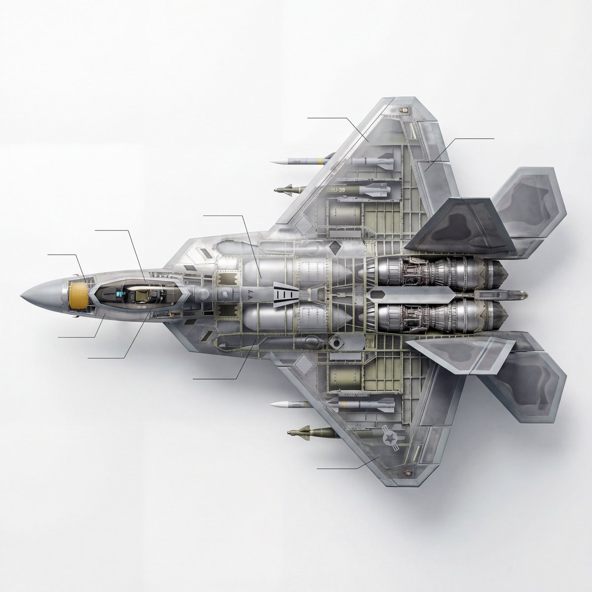 Cutaway infographic of a 5th generation stealth fighter jet — output 1