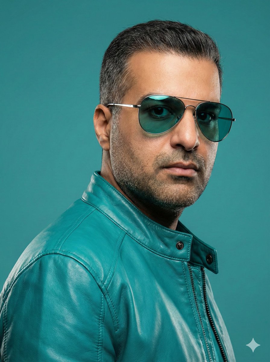Social Media Post - Teal Leather Jacket Studio Portrait Prompt — output 1