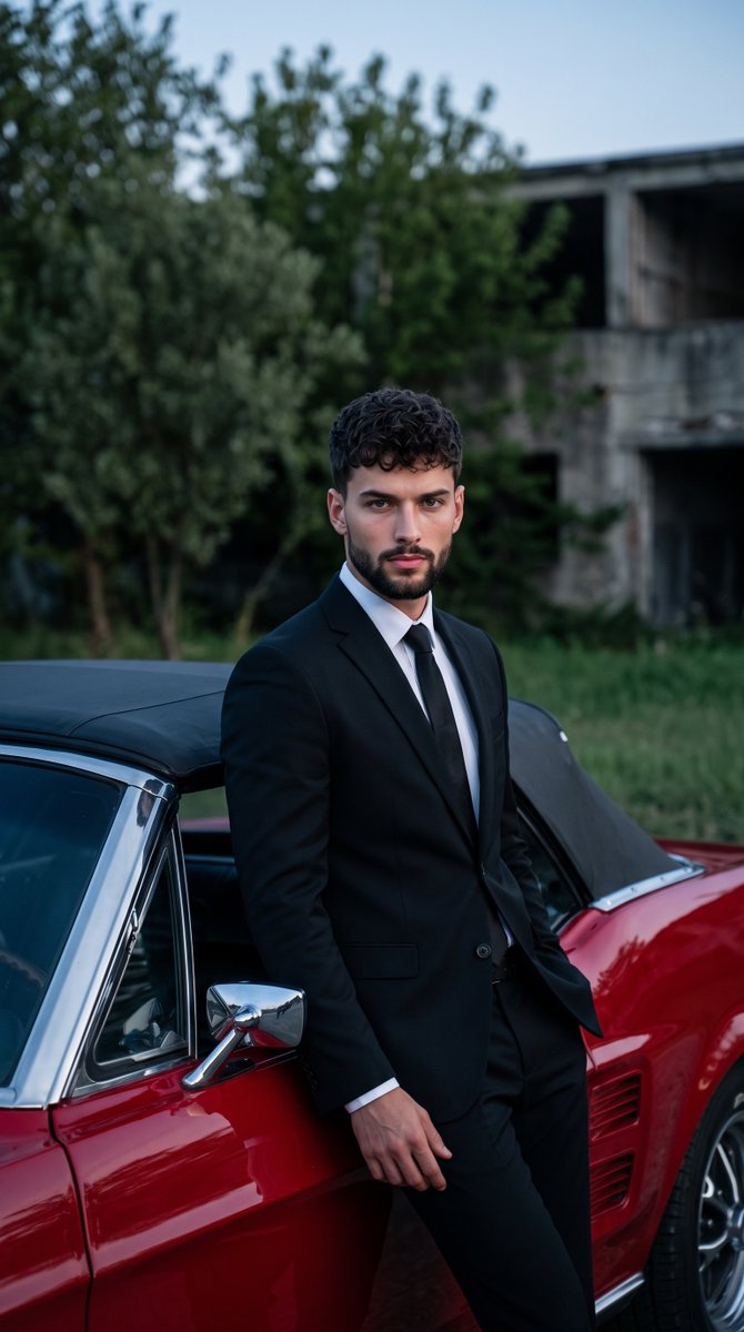 Product Marketing - Man Leaning on Classic Red Muscle Car — output 1