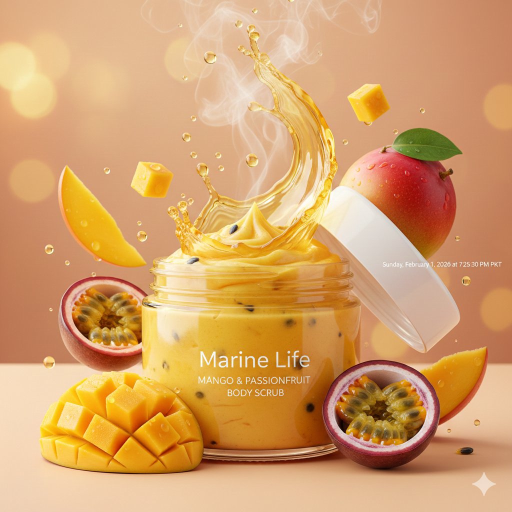 E-commerce Main Image - Luxury Mango Body Scrub Product Image and Video Prompts — output 1