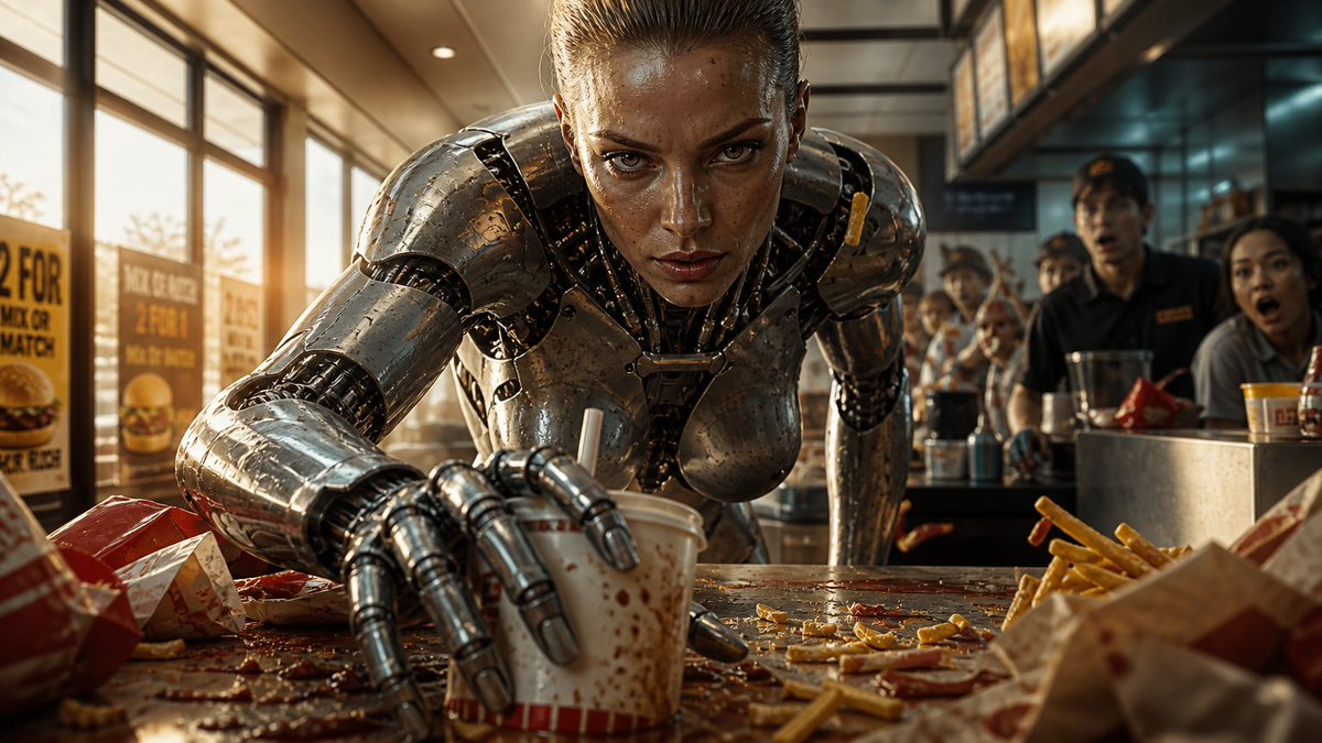 Product Marketing - Robot Woman Fast Food Counter Chaos — output 1