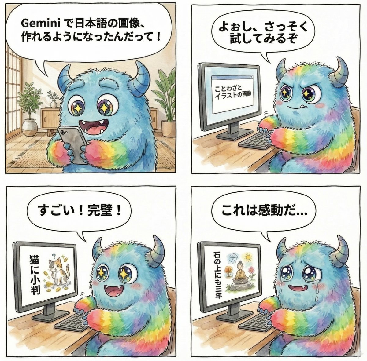 4-panel manga about Gemini generating Japanese text images — output 1
