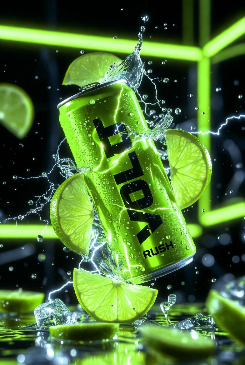 Ultra-Cinematic Product Photography of 'VOLT RUSH' Energy Drink — output 1