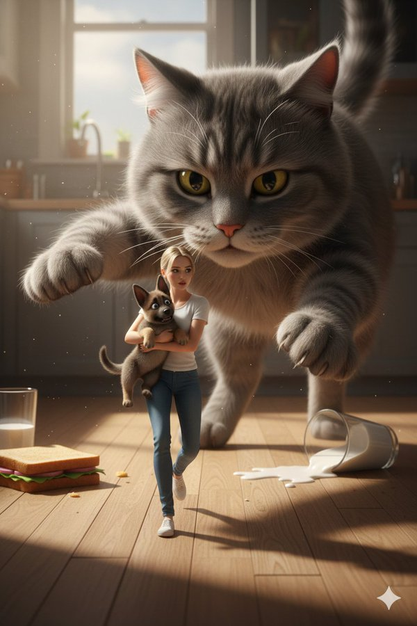 Comic / Storyboard - Cinematic Giant Cat Chasing Tiny Woman — output 1