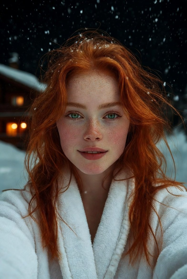 Profile / Avatar - Flash Selfie in Snow at Alpine Chalet Prompt — output 1