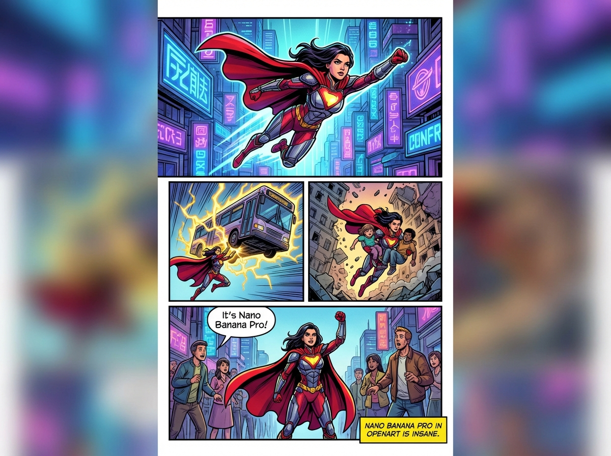 Marvel-style comic storyboard of a heroine — output 1