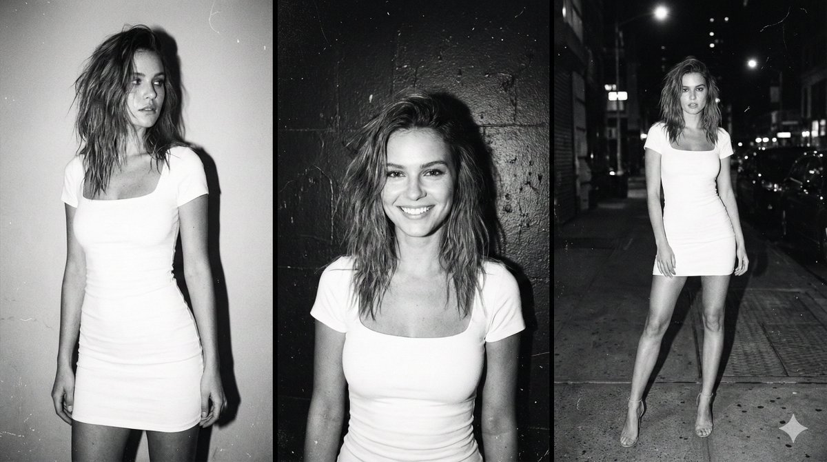 Comic / Storyboard - Multi-panel black and white film photo of model — output 1