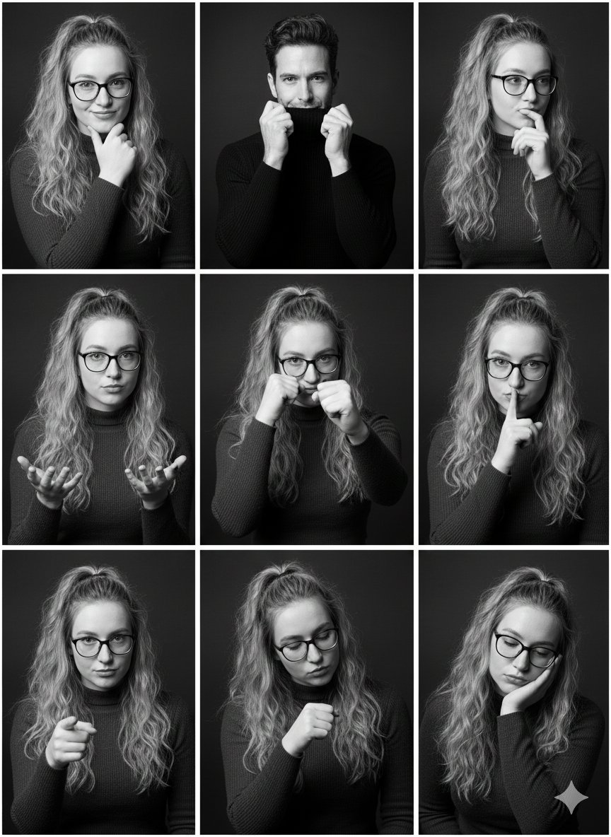 Black and White Studio Portrait Collage (3x3 Grid) — output 1