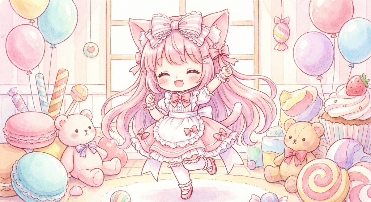 Cute pink cat‑ear chibi girl illustration — output 1