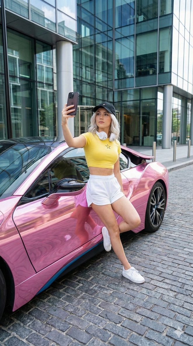 Casual Main Character Selfie with Pink BMW i8 Prompt — output 1