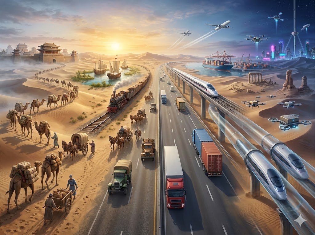 Hyper-realistic Transportation Evolution Panoramic Landscape Prompt — output 1