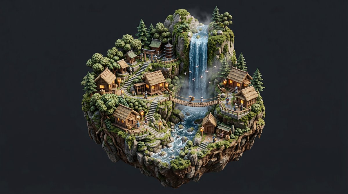 Game Asset - Stylized Miniature Diorama of Forest Waterfall Village — output 1