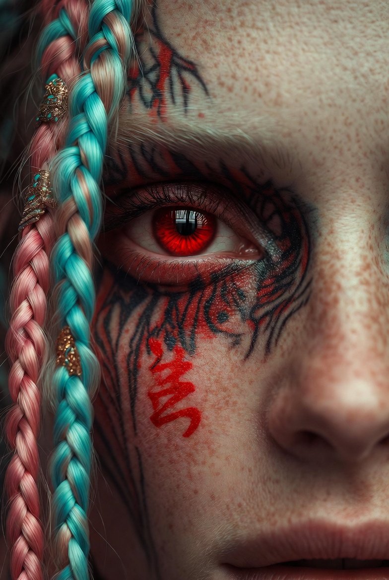Extreme Close-Up Cinematic Portrait with Tattoos and Red Eye — output 1