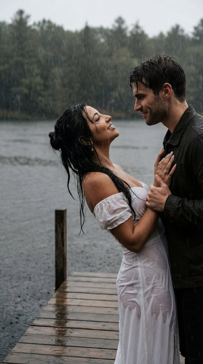 Cinematic Rainy Lakeside Couple Scene Prompt (Reference Lock) — output 1