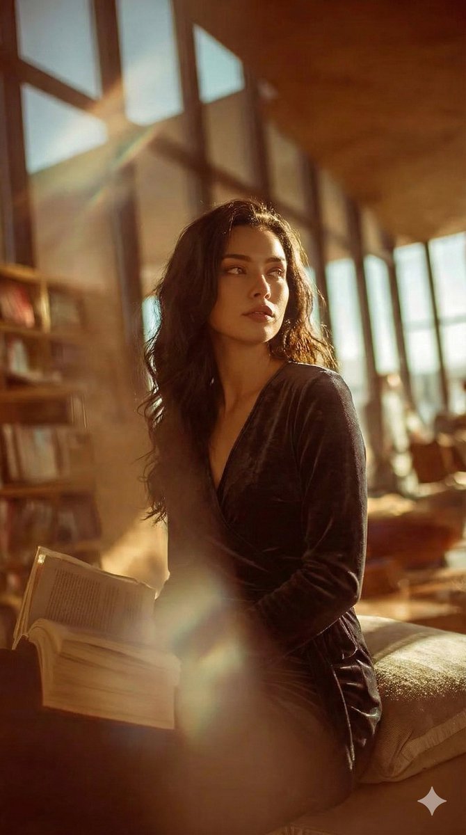 Cinematic Realism Portrait in a Library Loft — output 1