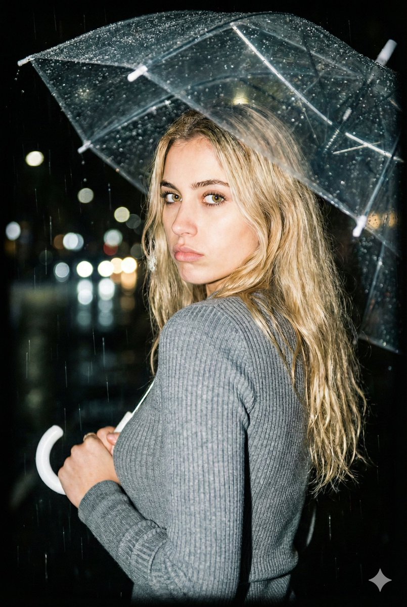 Nighttime Rainy Umbrella Portrait Prompt — output 1