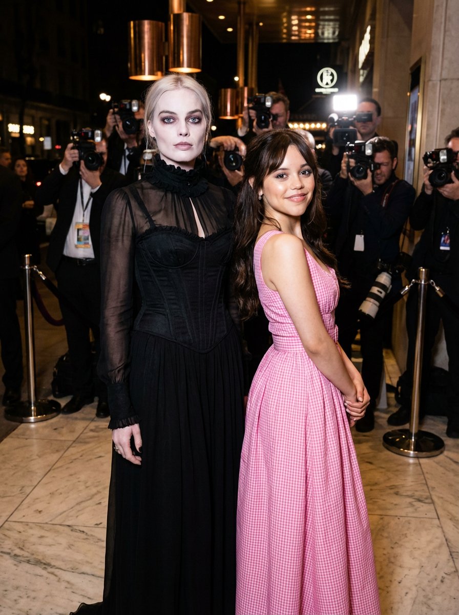 Product Marketing - Red Carpet Juxtaposition Prompt: Margot Robbie as Wednesday and Jenna Ortega as Barbie — output 1
