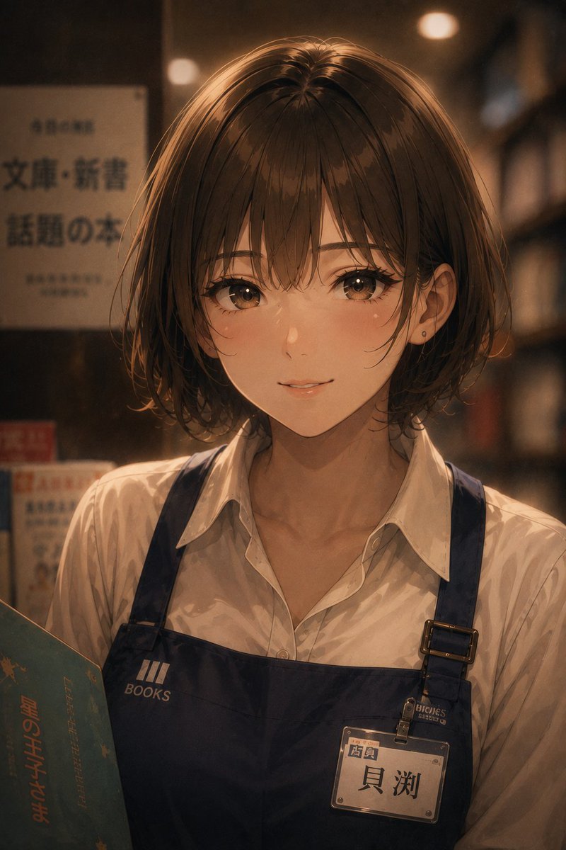 Profile / Avatar - Warm Anime Bookstore Clerk Portrait — output 1