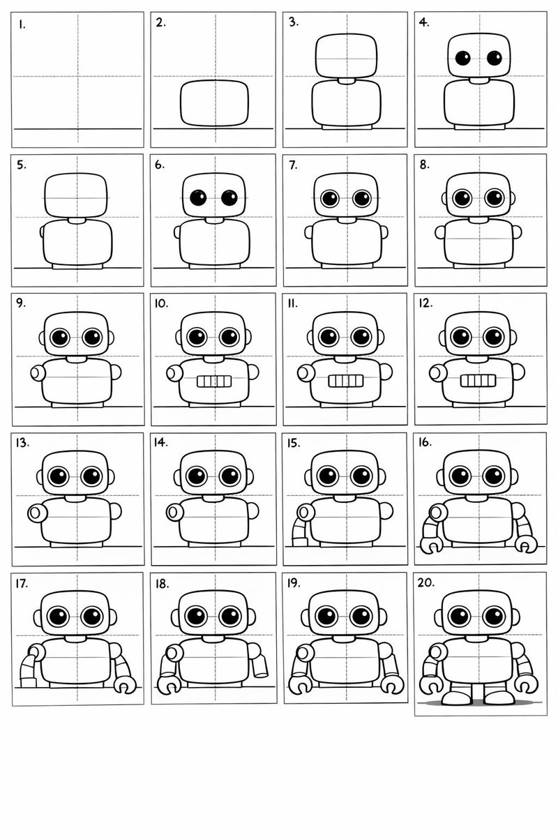 Infographic / Edu Visual - 20-Panel Cartoon Robot Drawing Guide Prompt — output 1