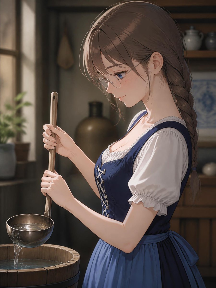 Comic / Storyboard - Anime Girl Holding Ladle in Rustic Kitchen — output 1