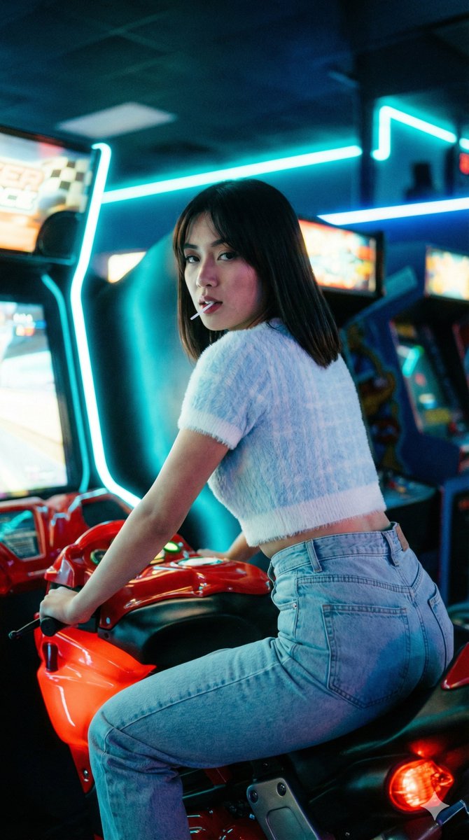 Cinematic 35mm Analog Film Portrait in a Retro Arcade — output 1